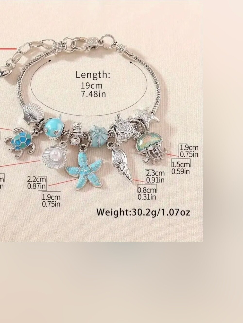 925/copper Sea Life Charm Bracelet W/ Starfish Turtle Conch Shell ++ - Picture 3 of 4